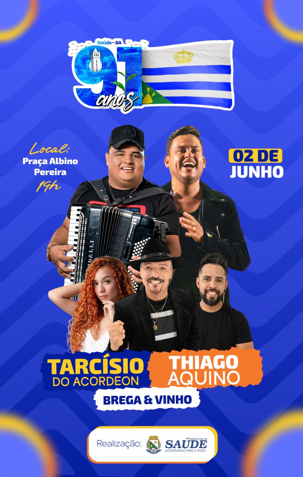 A cidade de Saúde celebra 91 anos com programação festiva: Destaque para shows de Thiago Aquino, Tarcísio do Acordeon e Banda Brega e Vinho